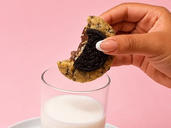 Mano sumergiendo una galleta de Oreo en un vaso de leche