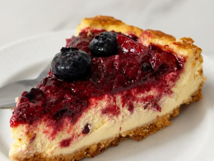 Porción de cheesecake con salsa de frutos rojos y arándanos sobre un plato blanco
